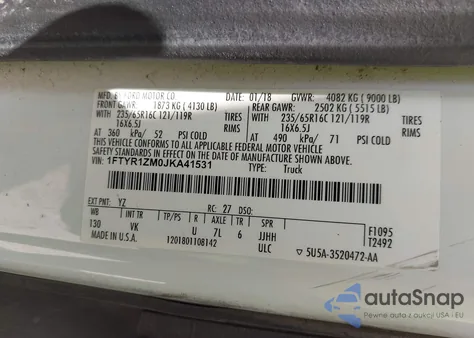 2018 Ford Transit-250 from USA, damaged, VIN 1FTYR1ZM0JKA41531